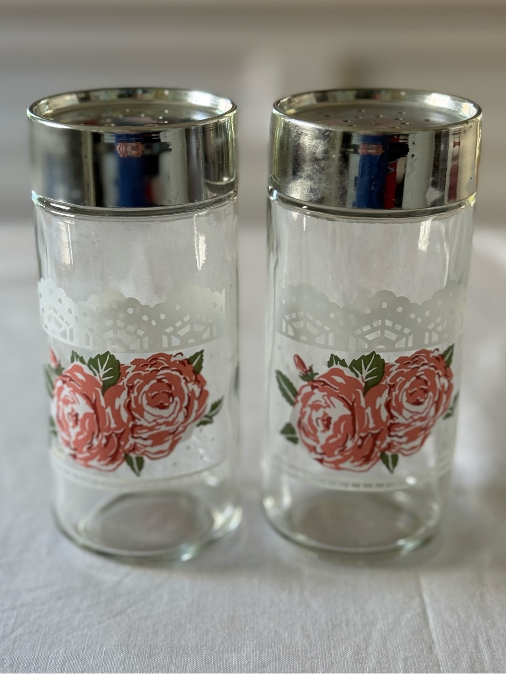 Vintage Anchor Hocking Red Roses Salt & Pepper Shakers | Lace Design | HTF